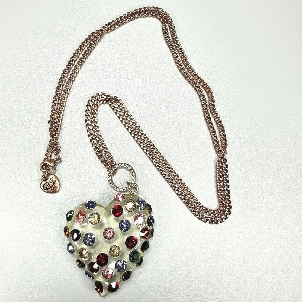 Betsey Johnson Lucite Puffy Heart Necklace Multi-Color Rhinestone 40" Long Opera - Picture 2 of 8
